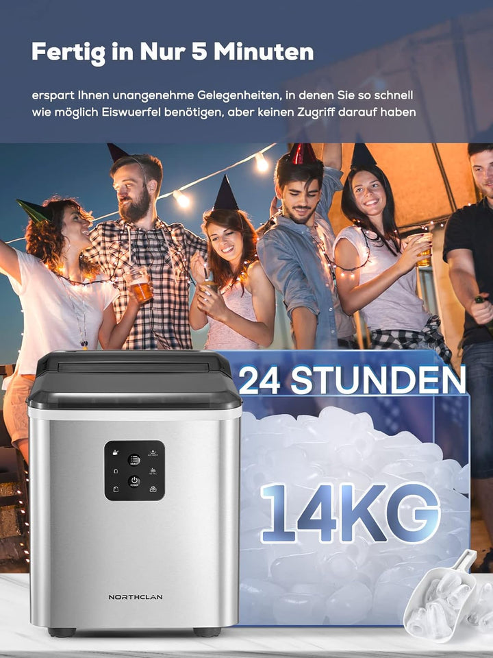 NORTHCLAN Eiswürfelmaschine mit 2 Eiswürfelgrössen, 12 kg 24 St, 9 Eiswürfel in 6 Minuten, Selbstrei