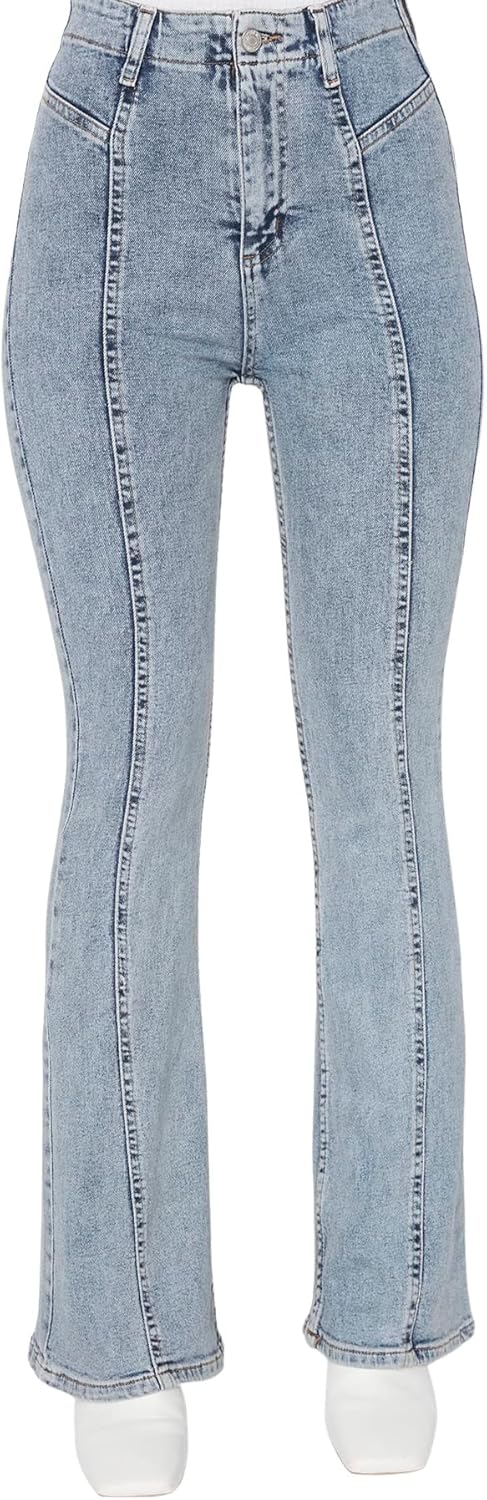 TRENDYOL Damen Herren Basic Hoher Bund Flared Jeans 34 Blau, 34 Blau