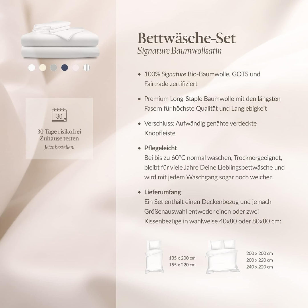 bo&button® Luxus Mako Satin Bettwäsche Set, 100% Bio Baumwolle (Long Staple 300), ALLE GRÖssEN, seid
