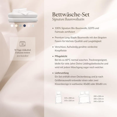 bo&button® Luxus Mako Satin Bettwäsche Set, 100% Bio Baumwolle (Long Staple 300), ALLE GRÖssEN, seid