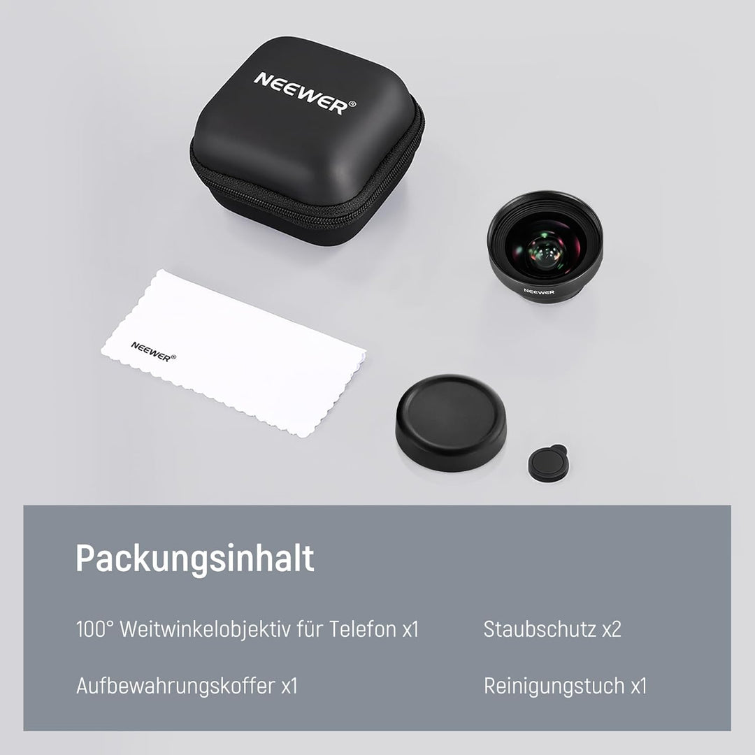 NEEWER 18mm HD 100° Weitwinkelobjektiv für 17mm Objektiv hintere Platine, 0,5X Vergrösserung, kompat