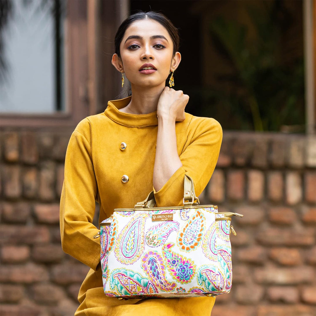 Anuschka Satchel mit Fächern - Wanderlust Kollektion - Nylonstoff mit Leader Trim und Kunstdruck Boh