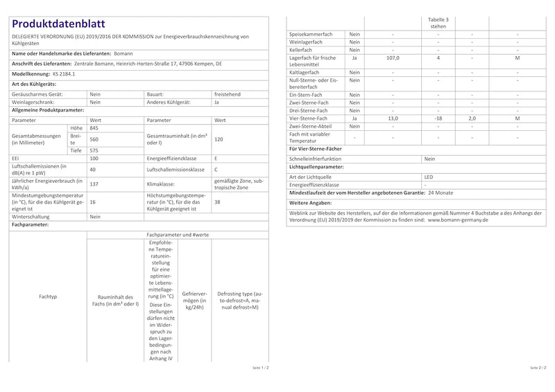 Bomann Kühlschrank mit Gefrierfach KS 2184.1, Kühl-Gefrierschrank 120L, Kühlen:107 Liter/Gefrieren:1