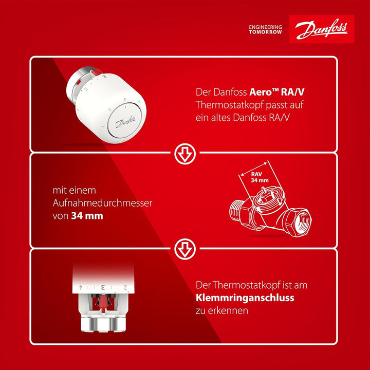 Danfoss Aero RAV click, Thermostatkopf mit eingebautem Sensor, 34 mm Halsdurchmesser NEU 015G4560, N