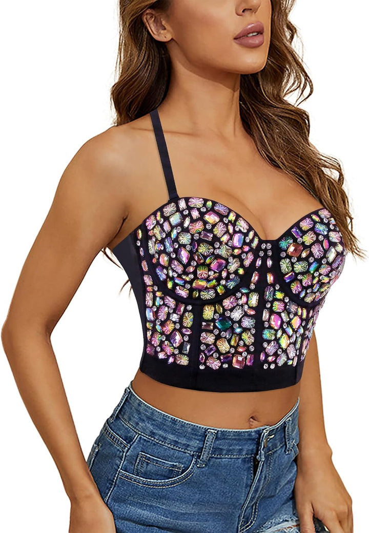 Naimo Damen Sexy Strass Bustier Push Up Crop Top Korsett BH Glitzer Kristall Tank Top Cami Weste Par