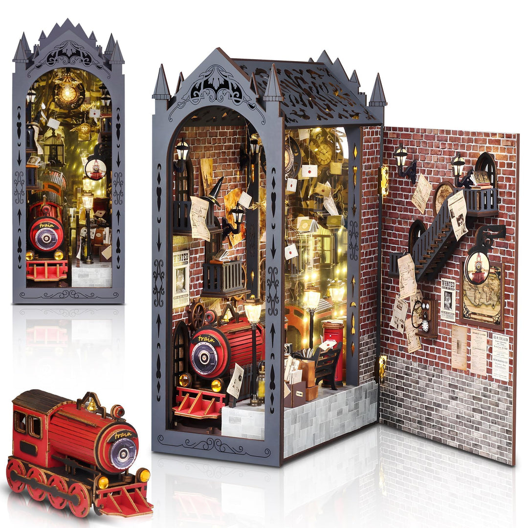 DIY Book Nook Kit, Magischer Bahnsteig Puppenhäuser Miniatur Haus Kit mit Staubschutzhülle LED-Licht