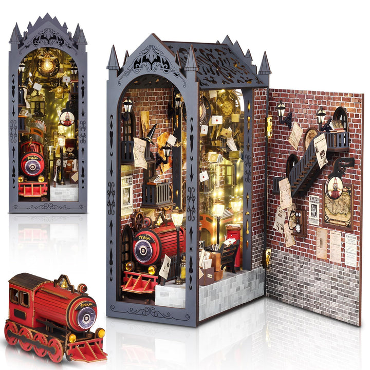 DIY Book Nook Kit, Magischer Bahnsteig Puppenhäuser Miniatur Haus Kit mit Staubschutzhülle LED-Licht