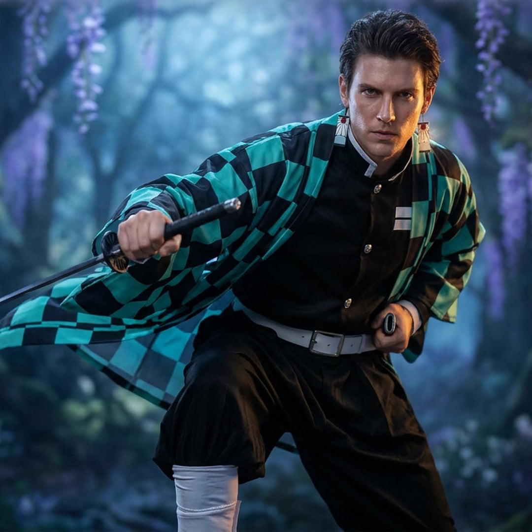 Alaiyaky Tanjirou Cosplay Kostüm mit Earrings, Tanjirou Cosplay Kimono Halloween Jacke Kostüm Anime