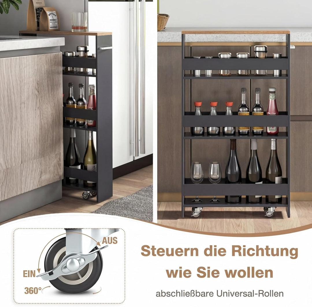 COSTWAY Nischenwagen 13cm breit, 4 Etagen Küchenwagen schmal, Nischenregal auf Rollen, Servierwagen