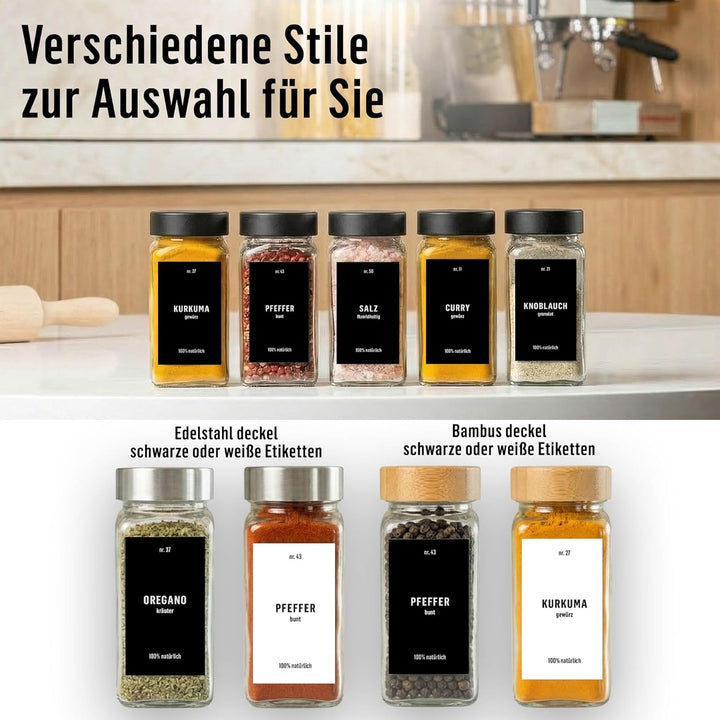 Deco haus® Gewürzgläser eckig luftdicht 24er Set [inkl. Etiketten & Streueinsatz] - Gewürzdosen Set