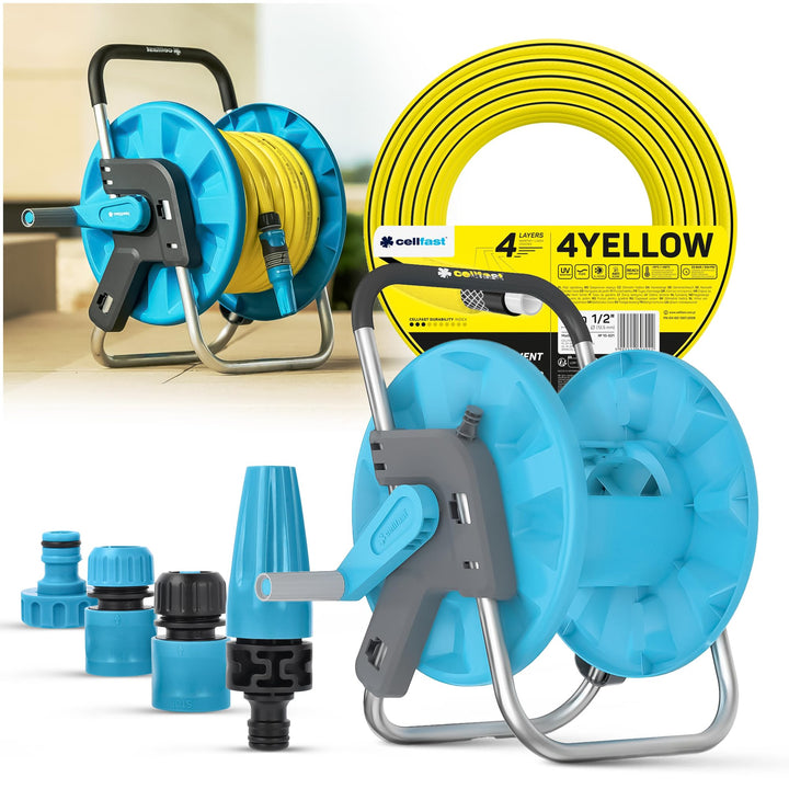 GARTENSCHLAUCH SCHLAUCHTROMMEL 1/2" 30M MIT GARTENBRAUSE & KUPPLUNG ANSCHLUSS SET CELLFAST 4YELLOW T