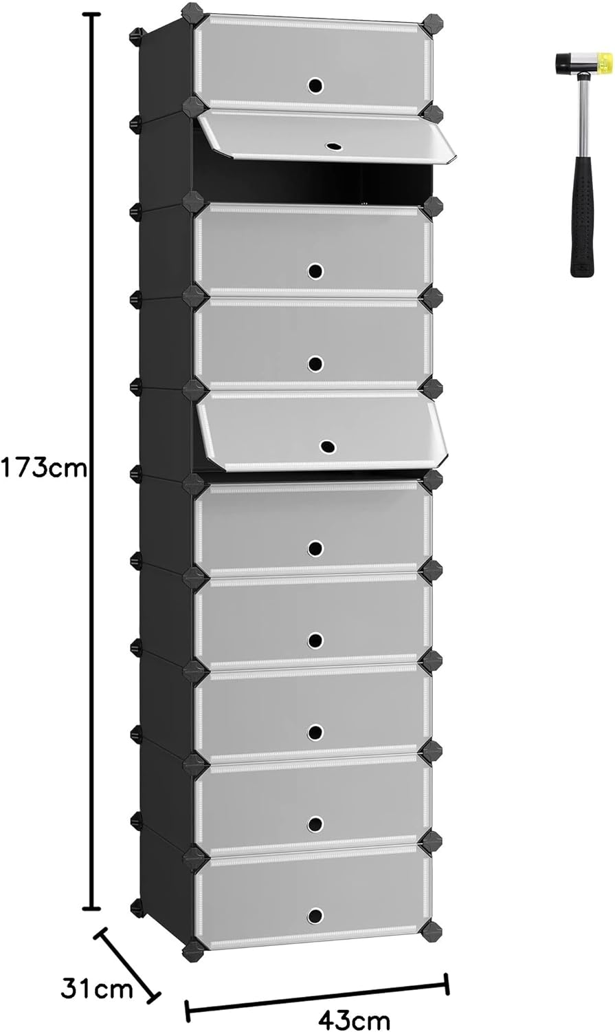 SONGMICS Schuhregal mit 10 Ebenen, Steckregal, Regalsystem, Schuh-Organizer, DIY-Regal, mit Tür, aus