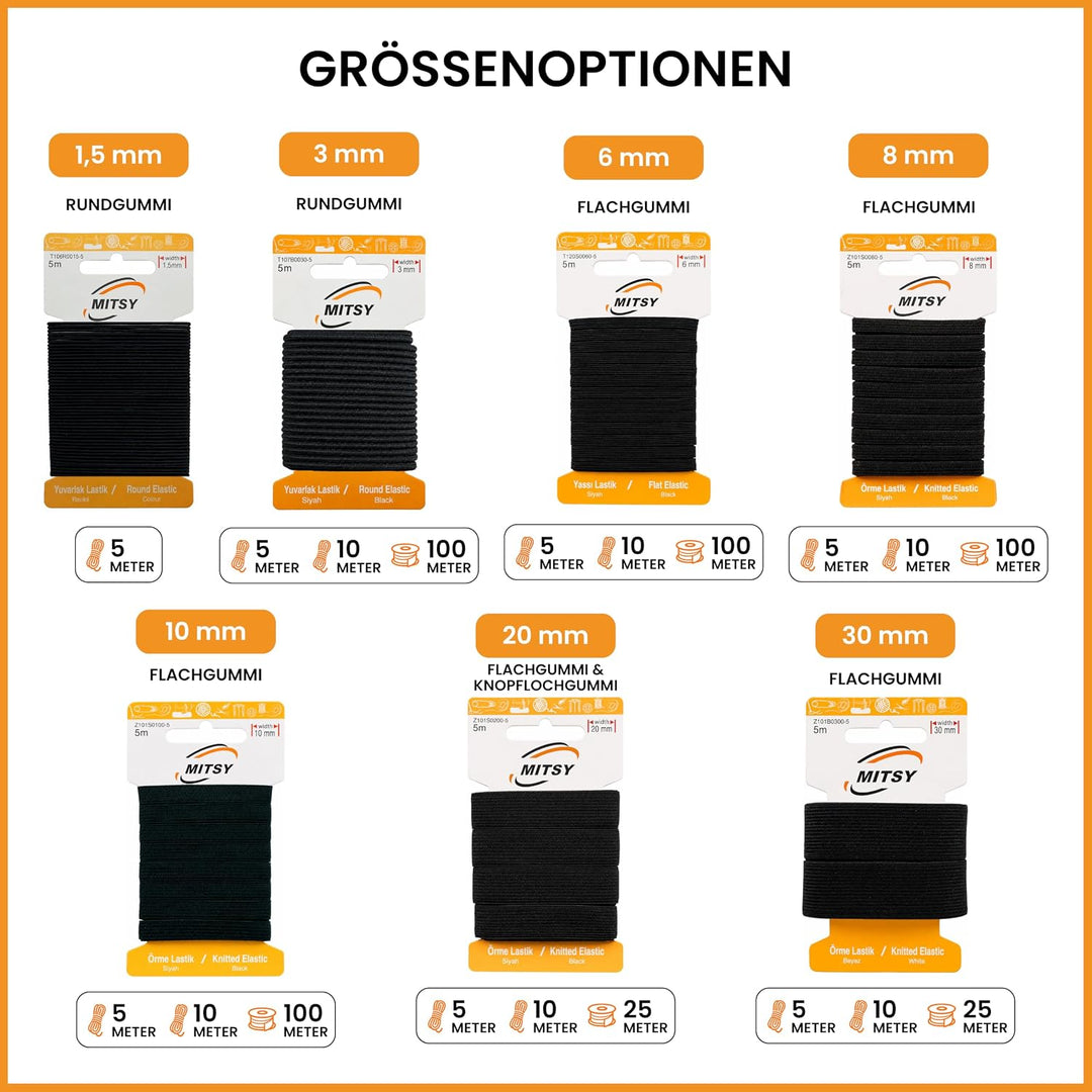 MITSY Reissfeste Gummiband Gummibänder zum Nähen Breit 20 mm 25 m Schwarz Stark Gummilitze für Hosen