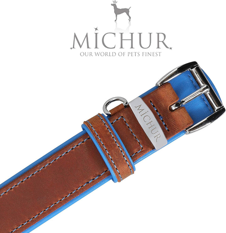 MICHUR Charly Hundehalsband Leder Braun Blau, Lederhalsband Hund, Halsband, Leder, in verschiedenen