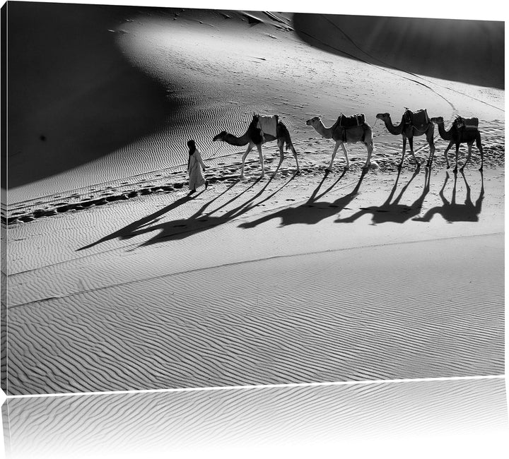Pixxprint Monocrome, Kamelkarawane in der Wüste, Format: 100x70 auf Leinwand, 100x70