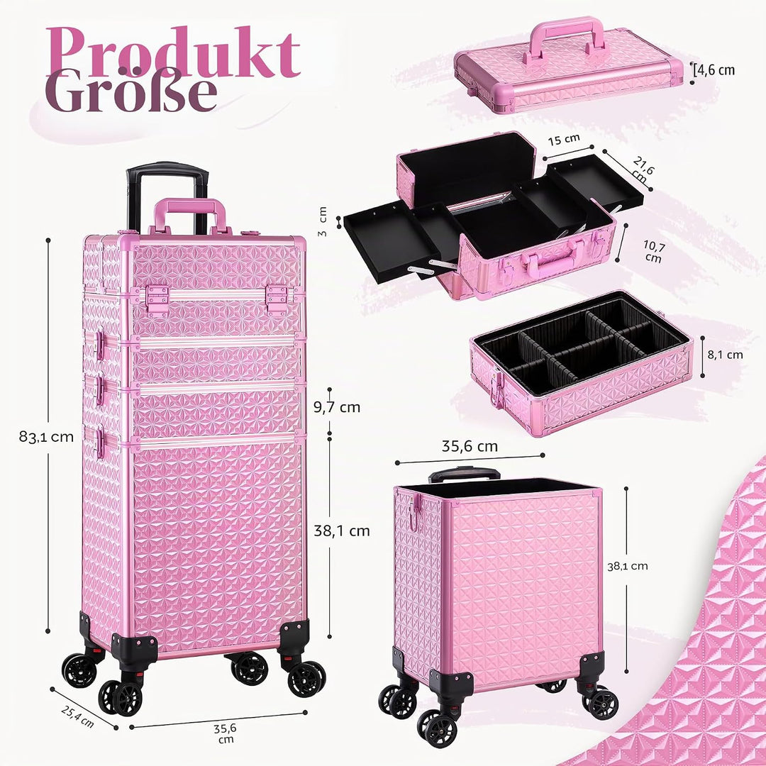 Arous 5-in-1 Profi-Kosmetikkoffer, Aluminium, mit 360° drehbaren Rädern Hellrosa, Hellrosa