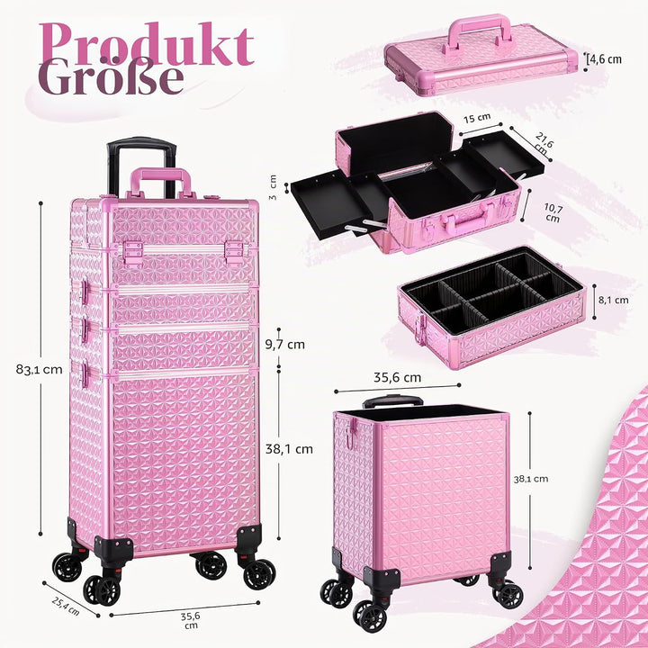 Arous 5-in-1 Profi-Kosmetikkoffer, Aluminium, mit 360° drehbaren Rädern Hellrosa, Hellrosa