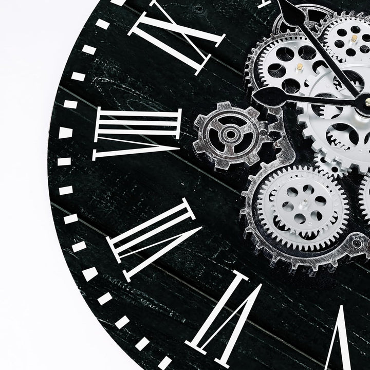 Lafocuse Schwarz Wanduhr Gross mit Beweglichen Zahnrädern Industrial Steampunk XXL Holz Vintage Retr