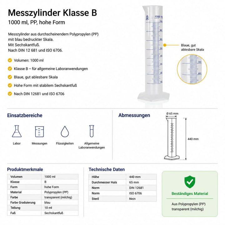 neoLab E-1616 Messzylinder hohe Form, Sechskantfuss, PP, 1000 mL
