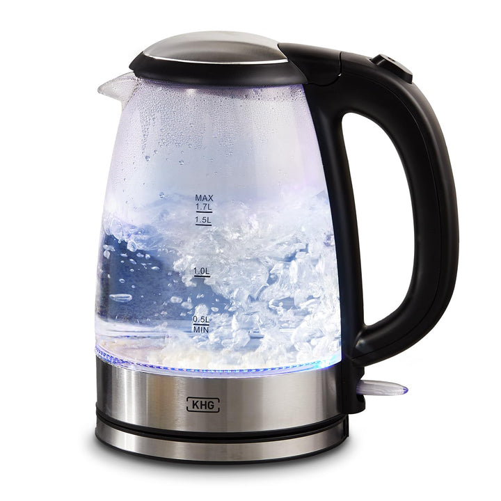 KHG WK-1715GES Wasserkocher Glas. LED, 1,7 Liter, Kalkfilter, Trockengehschutz & Abschaltautomatik,