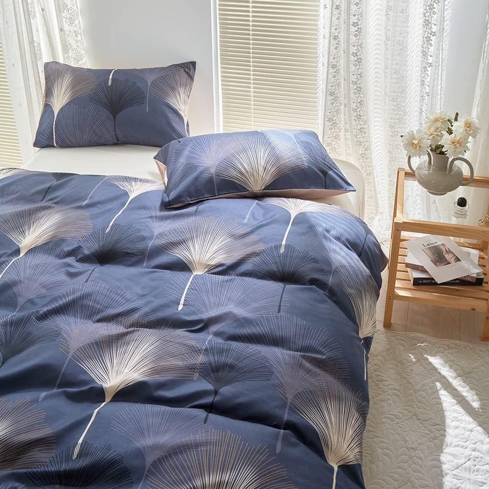 Damier Bettwäsche 155x220 3 Teilig Blau Blätter Schwarz Beige Ginkgoblätter Bettwäsche Weich Kuschel