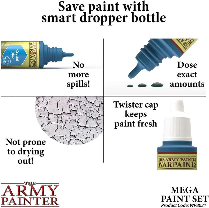 The Army Painter Mega Paint Set Farbset, 50 Warpaint-Farben und 1 Wargamer Regiment Pinsel für Warga