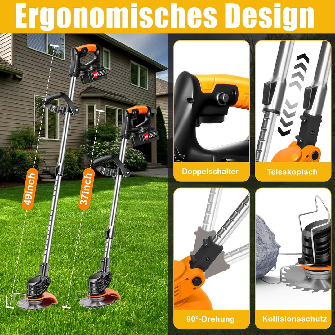 Xbzzgmg Akku Rasentrimmer mit Akku, Rasentrimmer Akku mit 2x4,0mAH - Elektrischer Rasentrimmer mit 4