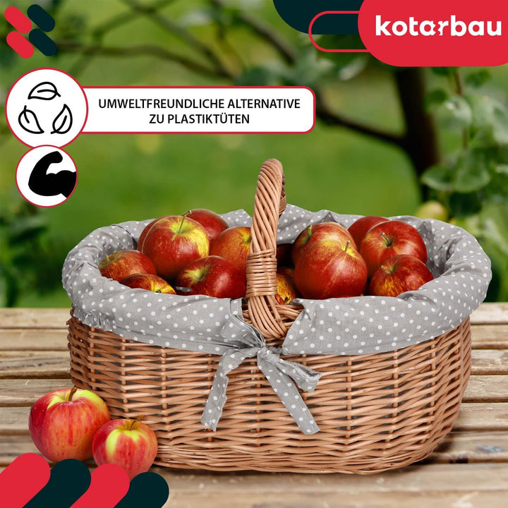 KOTARBAU® Picknickkorb Weidenkorb 47 cm Naturfarbe Einkaufskorb mit Grau Stoffeinsatz Osterkorb Gesc
