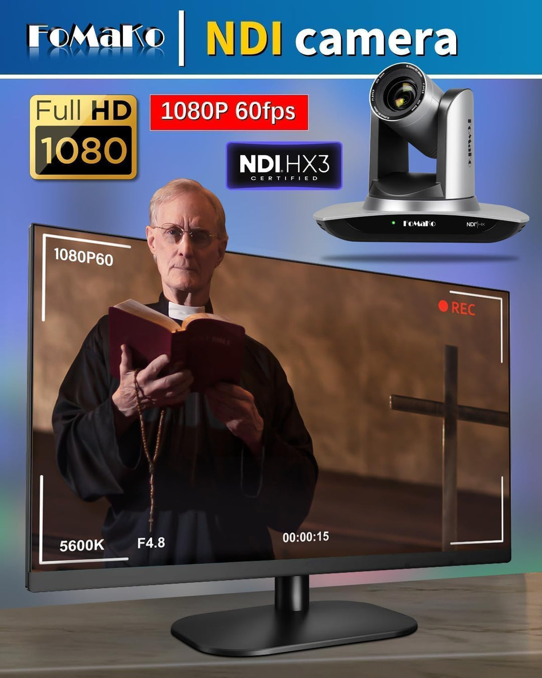 FoMaKo NDI HX3 PTZ Kamera Set, 20x Optischer Zoom KI-Auto-Tracking, mit HDMI/USB3.0/LAN(PoE), für Yo