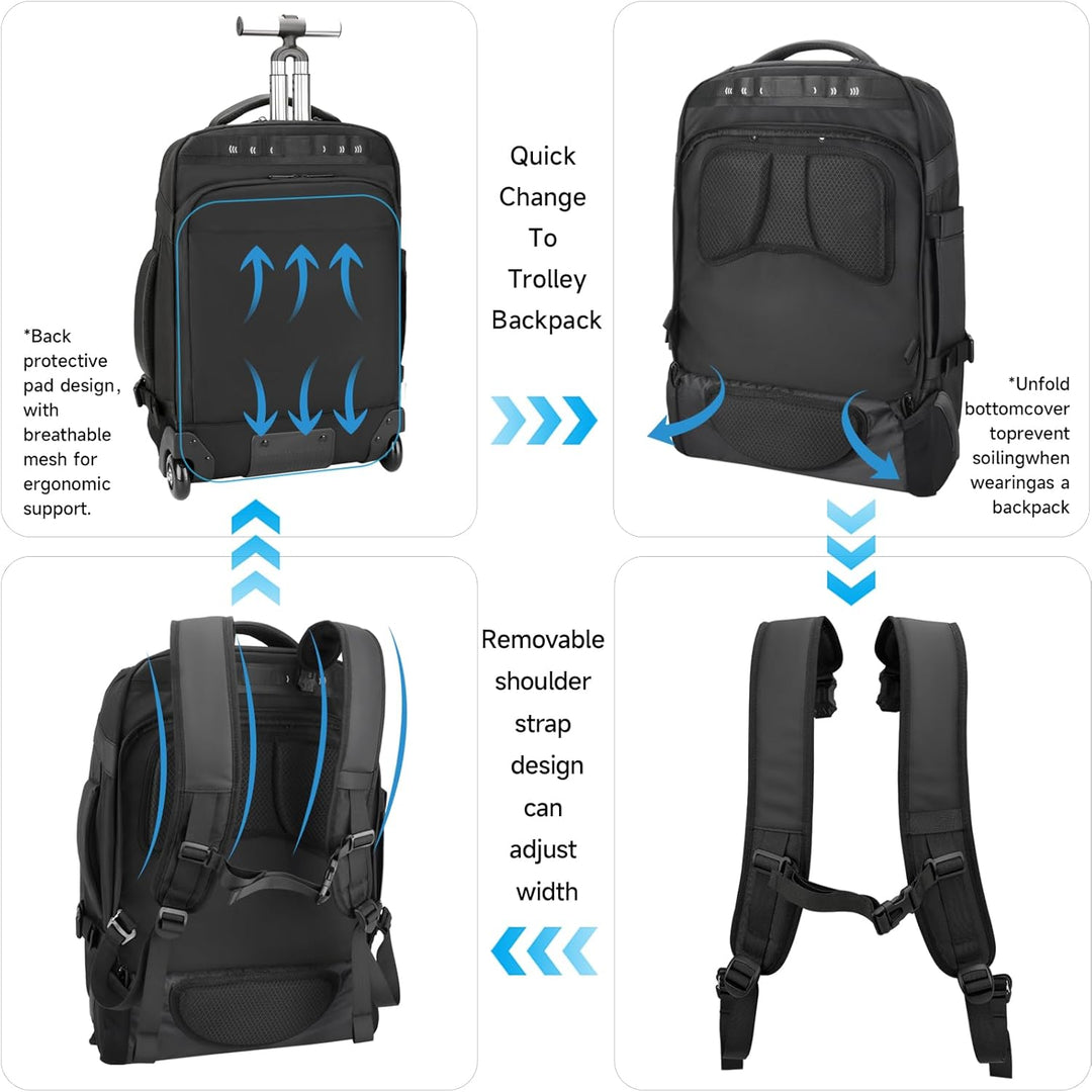 Reiserucksack mit rollen,17 Zoll Laptop trolley rucksack, Wasserfester Handgepäck-Rucksack mit USB-C