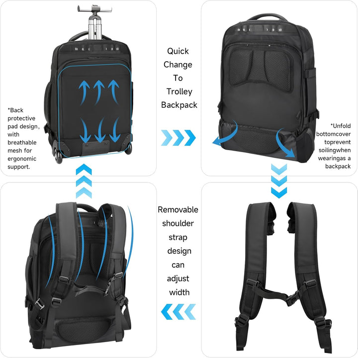 Reiserucksack mit rollen,17 Zoll Laptop trolley rucksack, Wasserfester Handgepäck-Rucksack mit USB-C
