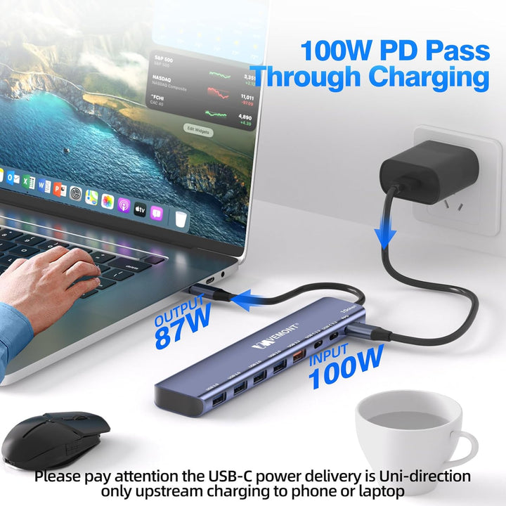 USB C Hub 10Gbps,VEMONT 7 in 1 Aluminium USB 3.1/3.2 Hub mit 2 USBC 3.2 & USBA 3.2 & 4 USBA 3.0 Port