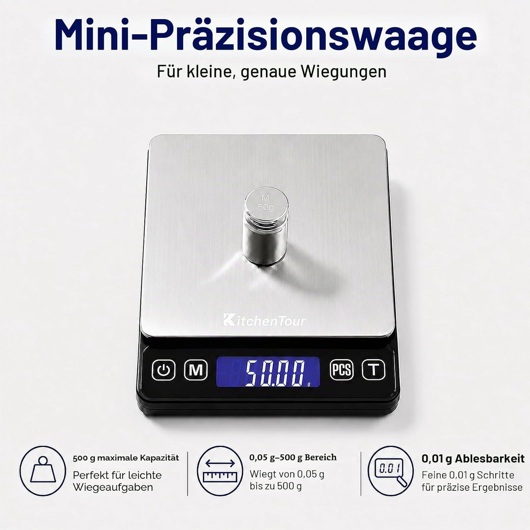 KitchenTour Digitale Küchenwaage – 3000g/0,1g Präzisionswaage mit 9 Einheiten (g/oz/ml/lb/lb:oz/gn/