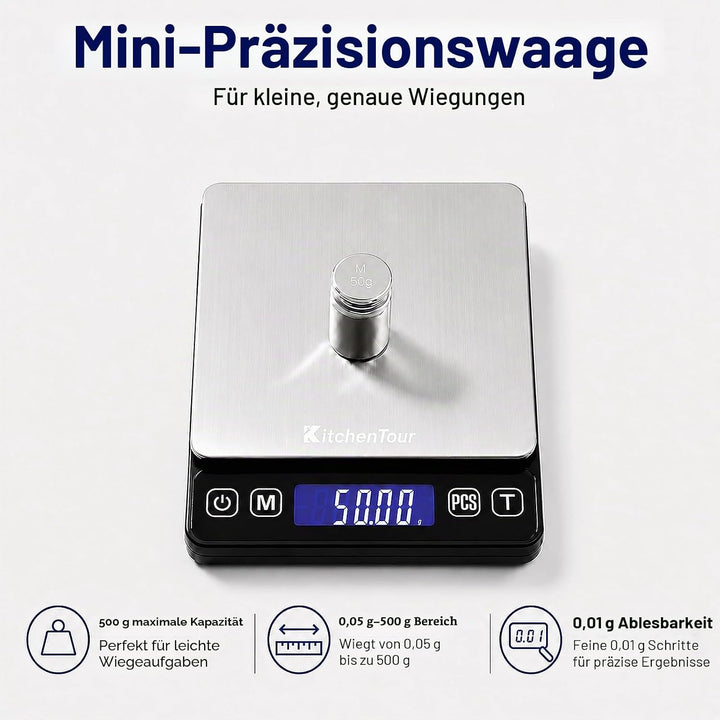 KitchenTour Digitale Küchenwaage – 3000g/0,1g Präzisionswaage mit 9 Einheiten (g/oz/ml/lb/lb:oz/gn/
