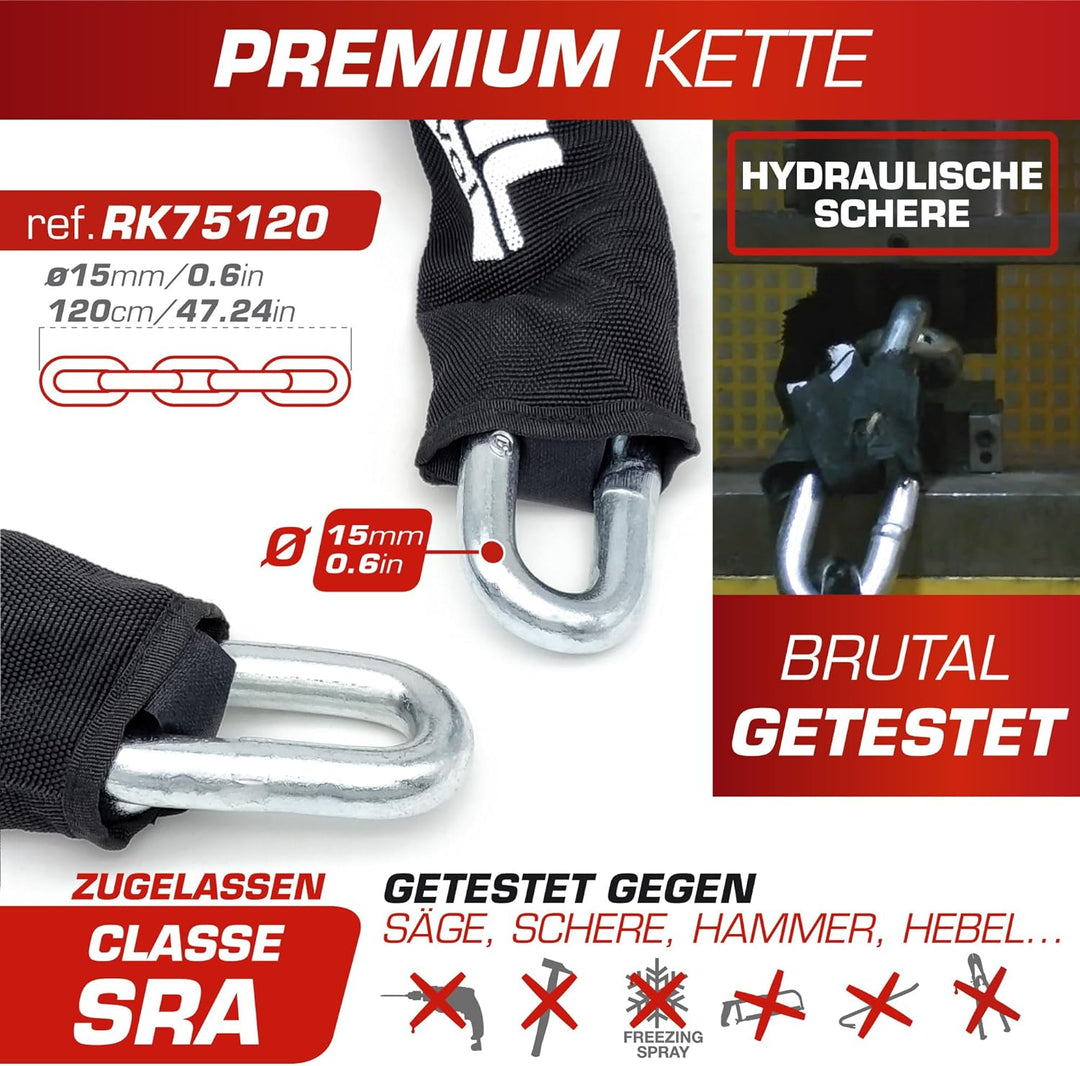 RADIKAL RK75120 Bremsscheibenschloss + Hochsicherheitskette Motorrad Diebstahlsicherung Zugelassen C