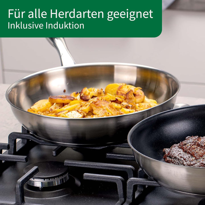 Chefkoch trifft Fackelmann Bratpfanne München Ø 24 cm aus Edelstahl mit Glasdeckel – Wabenboden, PFA
