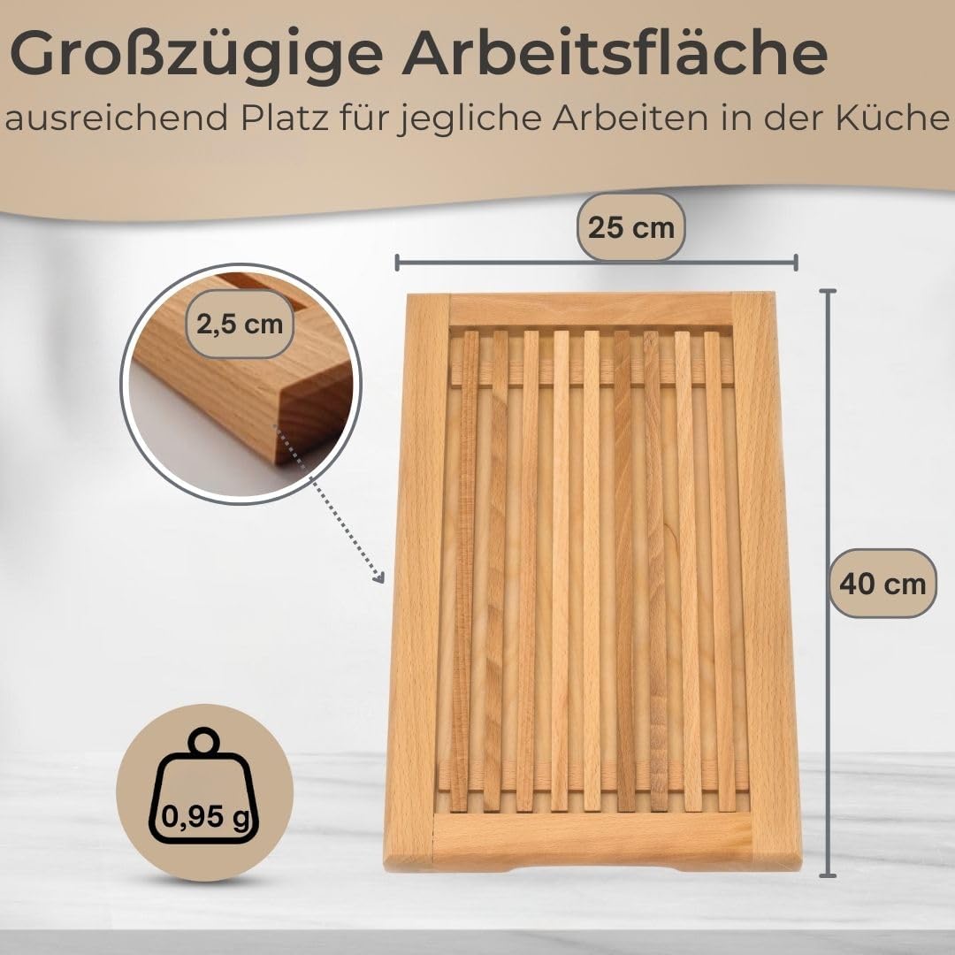 Brotschneidebrett Made in EU mit Krümelgitter & Griffmulden aus Buchenholz geölt - 40x25 cm, Schneid