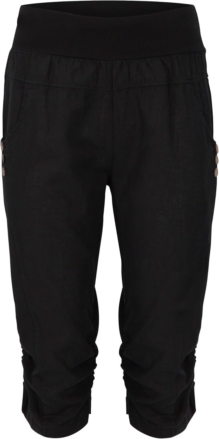 Malito Damen Hose aus Leinen | Stoffhose in Uni Farben | Freizeithose mit Knöpfen | Chino - Capri -
