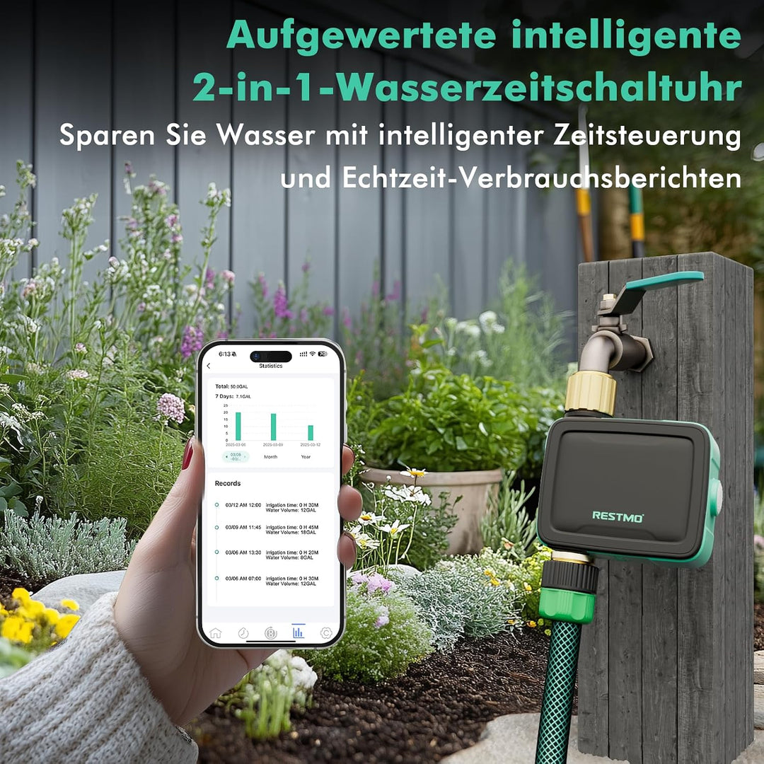 RESTMO Bewässerungscomputer 1 Ausgänge, Bluetooth Bewässerungstimer | App-Steuerung, 3 Modi (auto/ma