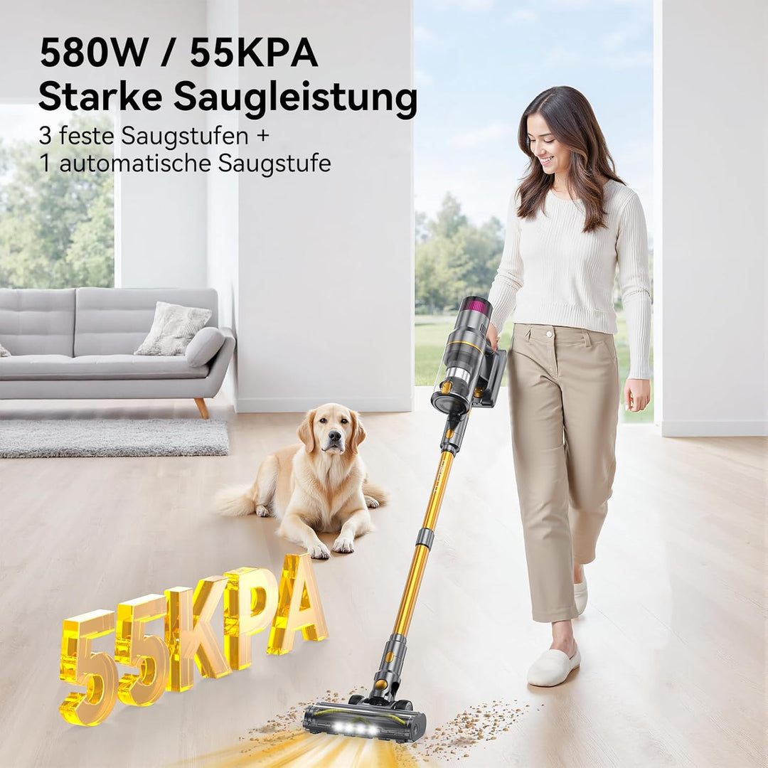 Akku Staubsauger 55000Pa/580W/75Min, Staubsauger Kabellos mit LED-Touchscreen, Selbststehender Akkus