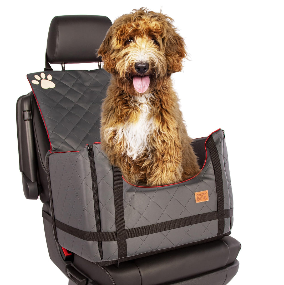 Golden Dog - Transportbox Hund mit Sicherheitsgurt XL-75x55x33 cm - Leder Imitation Autositz Hund, W