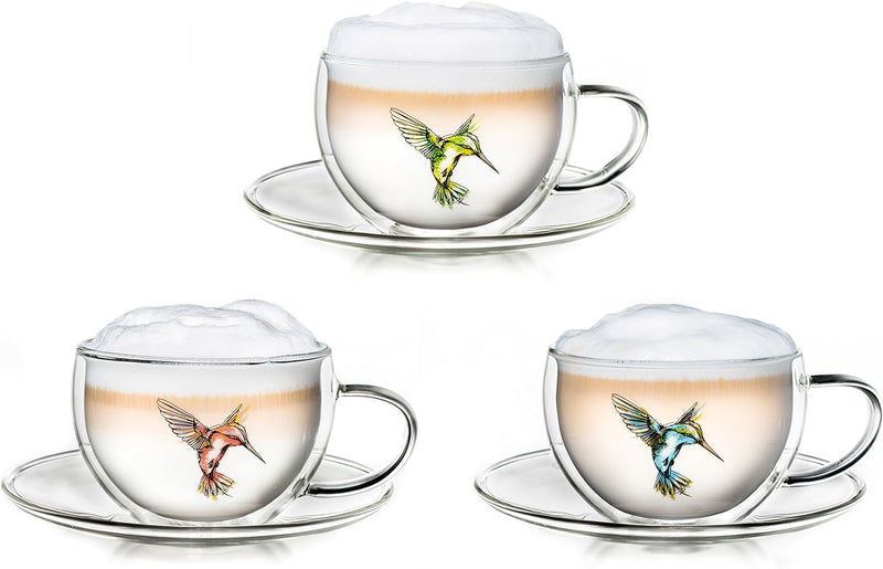 Creano 3er-Set Thermo-Tasses "Hummi" für Tee/Latte Macchiato, doppelwandig, mit Kolibri-Muster | 250