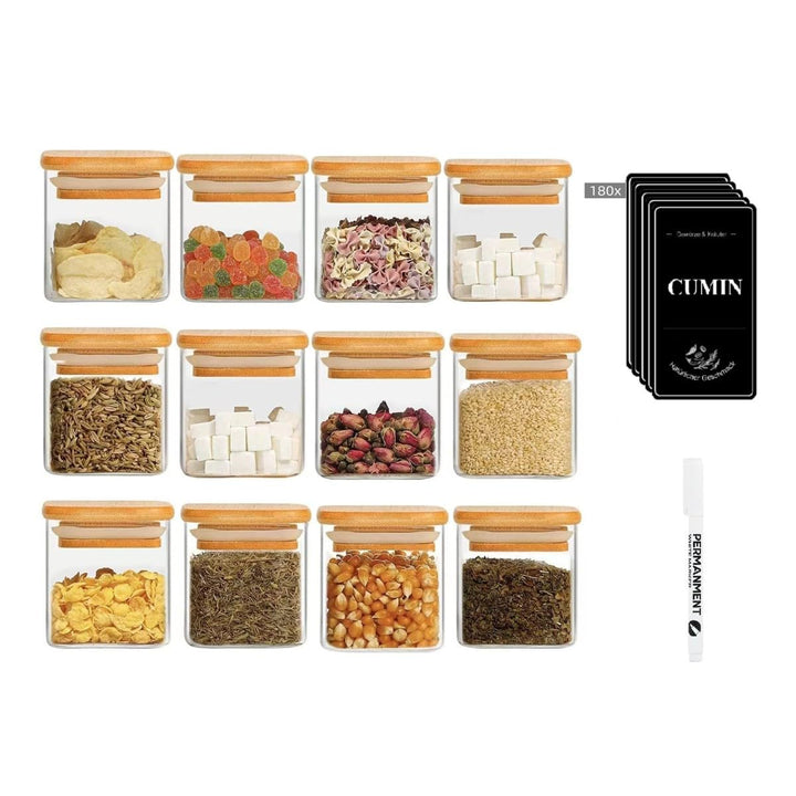 Gewürzgläser Eckig 12er Set,120ml Gewürz Organizer Gewürzdosen Set Bambusdeckel,Gewürzstreuer Glas G