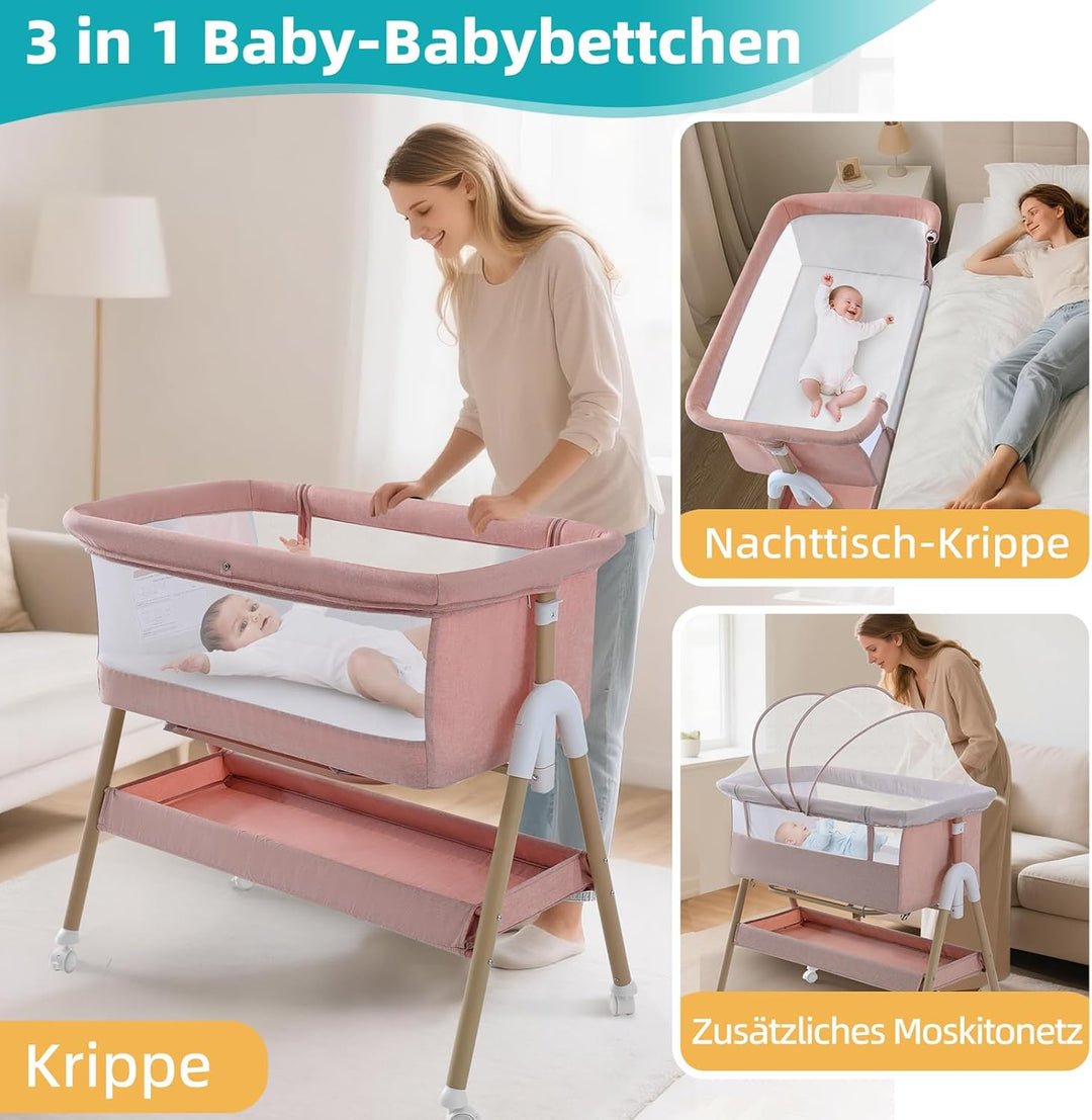 3 in 1 Beistellbett Baby, Tragbar reisebett Baby mit matratze Höhenverstellbar Bettchen Verstellbare