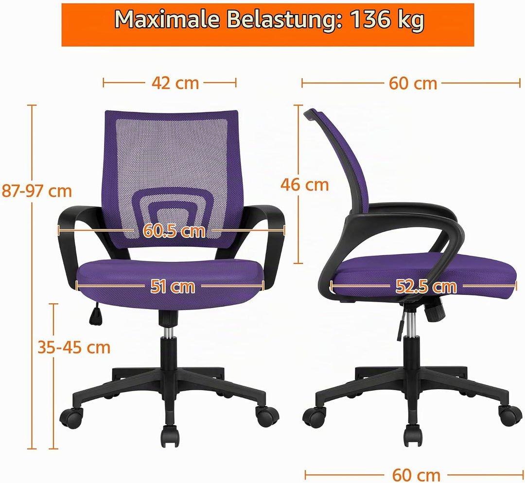 Yaheetech Bürostuhl, Ergonomischer Schreibtischstuhl mit Netzbespannung und Armlehnen, Drehstuhl aus