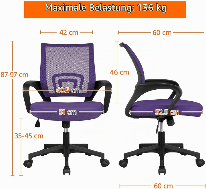 Yaheetech Bürostuhl, Ergonomischer Schreibtischstuhl mit Netzbespannung und Armlehnen, Drehstuhl aus