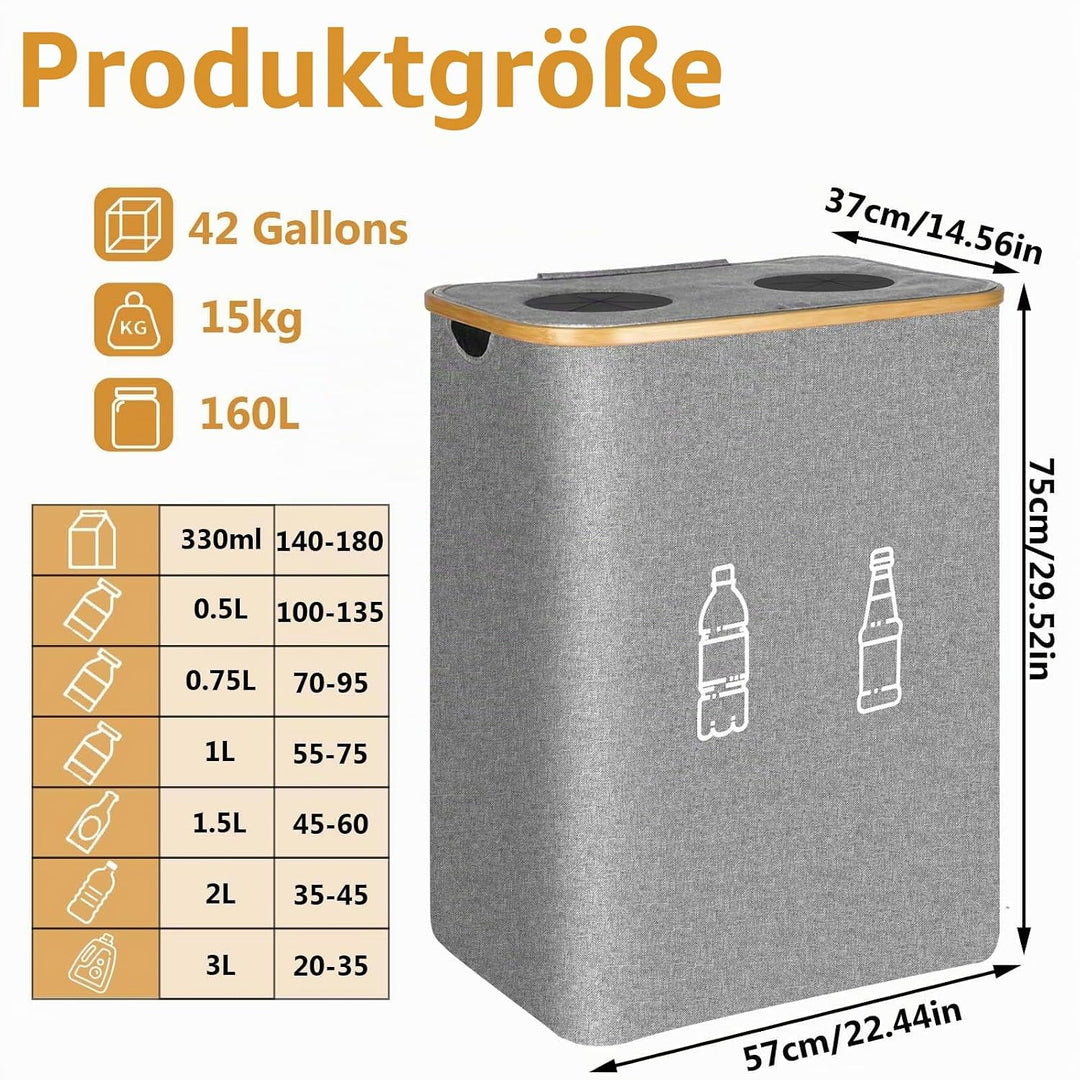 Pfandflaschen Sammelbehälter 2 Fächer, 160L Pfandflaschen Behälter mit 4 Tragetaschen, Grosse Aufbew