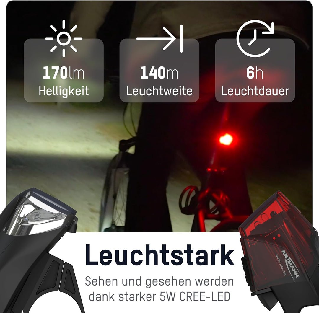 ANSMANN Fahrradlicht 2er Bundle Set StVZO zugelassen mit CREE LED, 140 m Leuchtweite 35 Lux 170 Lume