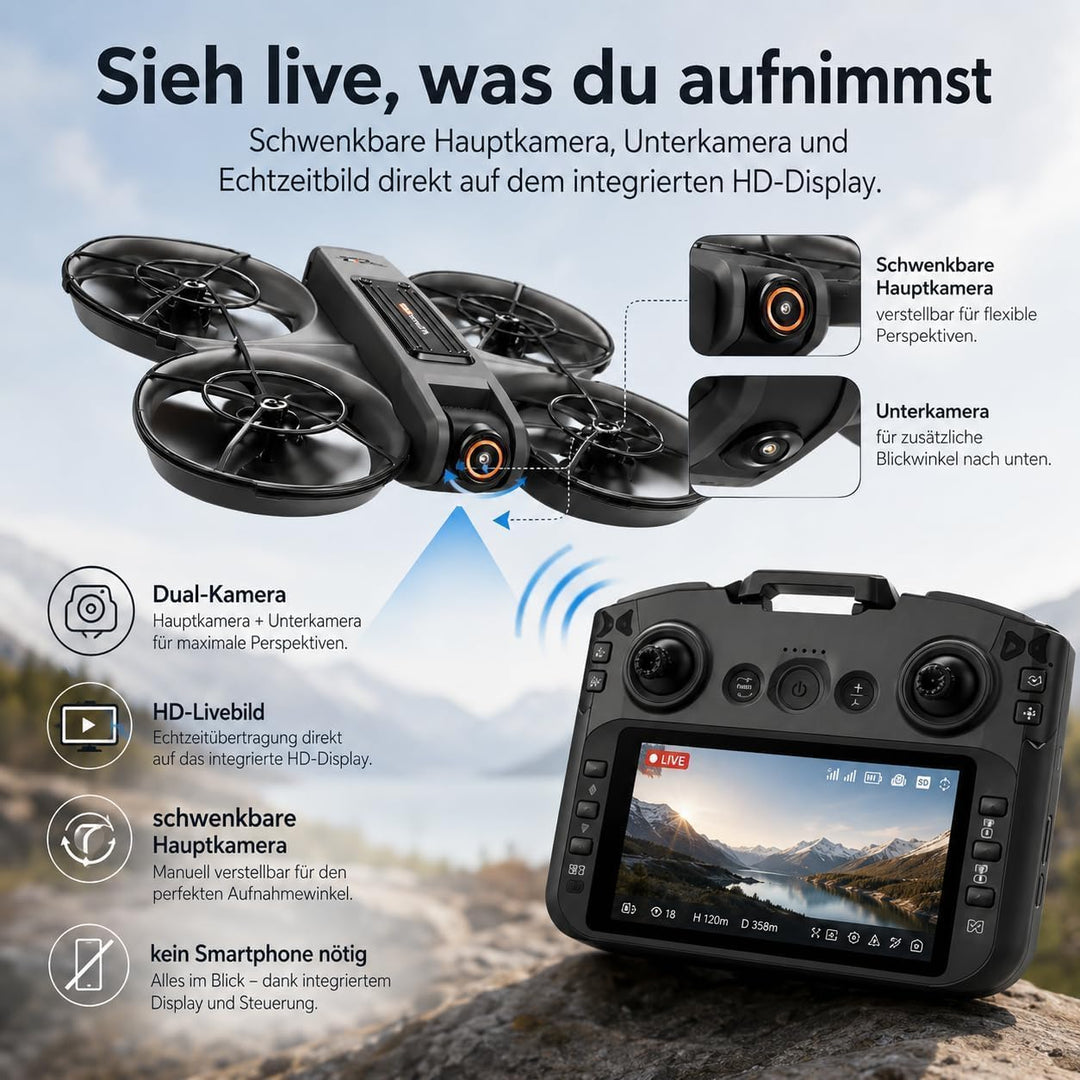 RC Drohne mit HD Dual Kamera, Display Fernbedienung, Brushless Motor, 90° Kamera, FPV Livebild, Opti