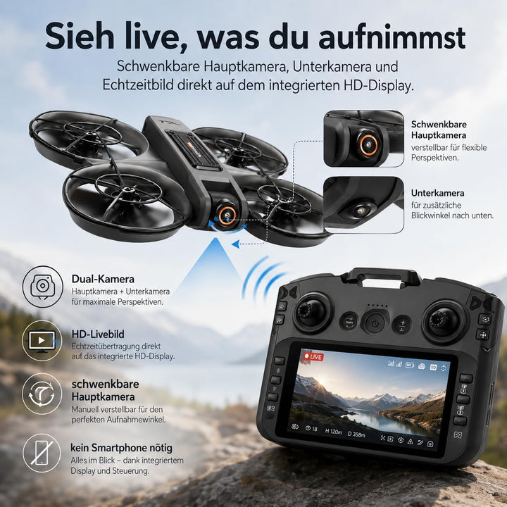 RC Drohne mit HD Dual Kamera, Display Fernbedienung, Brushless Motor, 90° Kamera, FPV Livebild, Opti